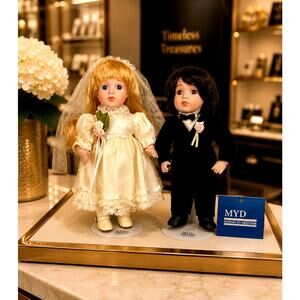 Vintage 1990's Porcelain Bride & Groom Dolls by Marian Yu Designs